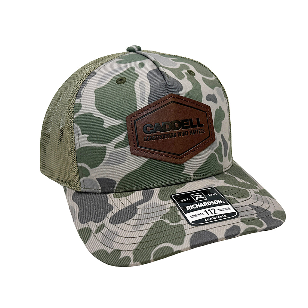 Richardson 112 Printed Five Panel Trucker w/ Leather Patch: Marsh Duck Camo/Loden