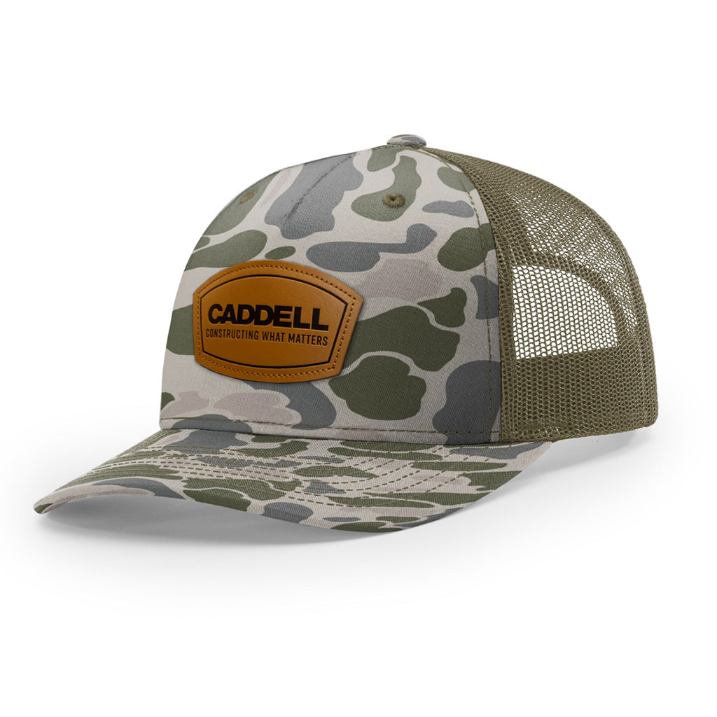 Richardson 112 Printed Five Panel Trucker w/ Leather Patch: Marsh Duck Camo/Loden