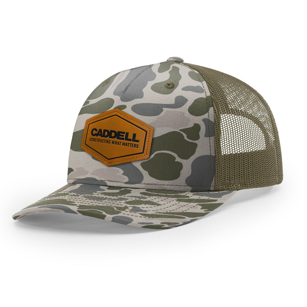 Richardson 112 Printed Five Panel Trucker w/ Leather Patch: Marsh Duck Camo/Loden